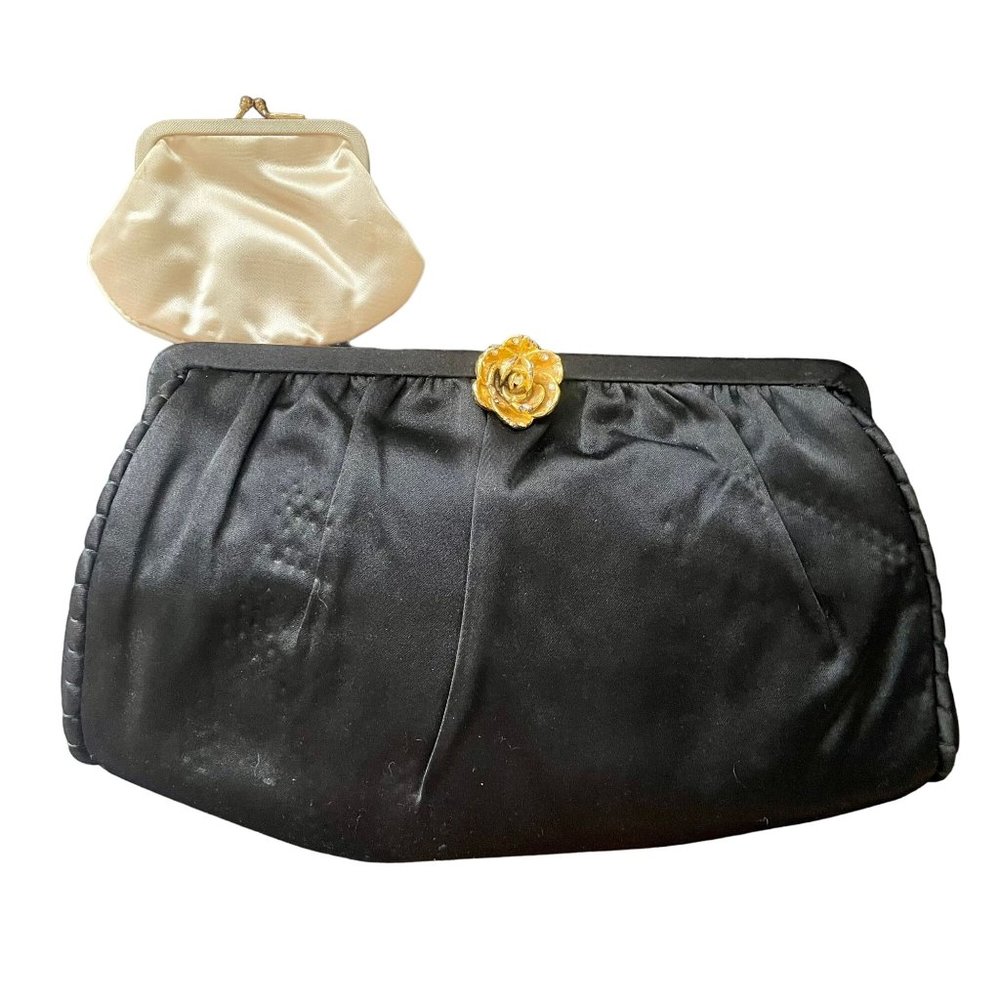 Vintage clutch with Coin Purse Black with Gold Rose Clasp 1950s fashion midmod